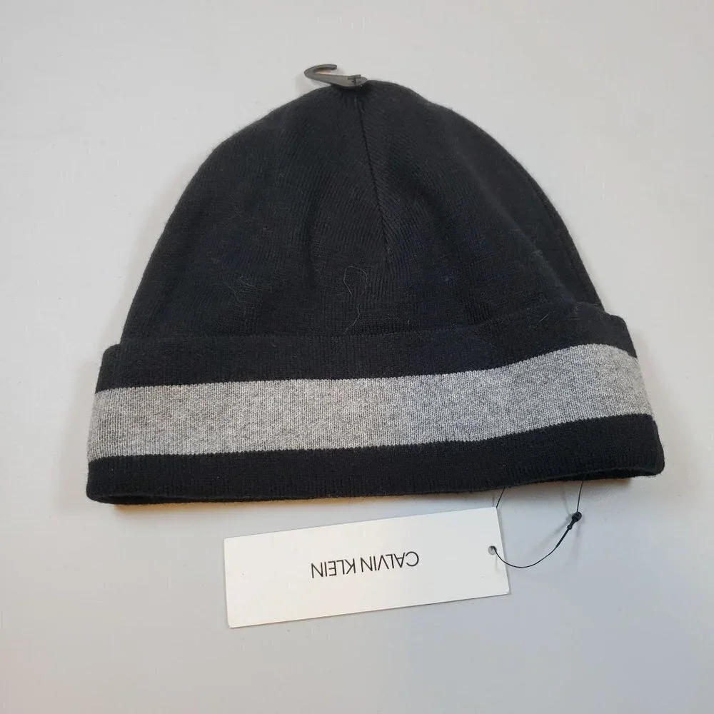 Calvin Klein Beanie Hat Knit Winter Spell Out Mens One Size NWT Black - Picture 2 of 10